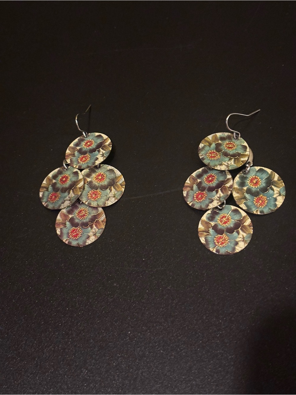 Floral Disc Dangle Earrings in Teal and Gold